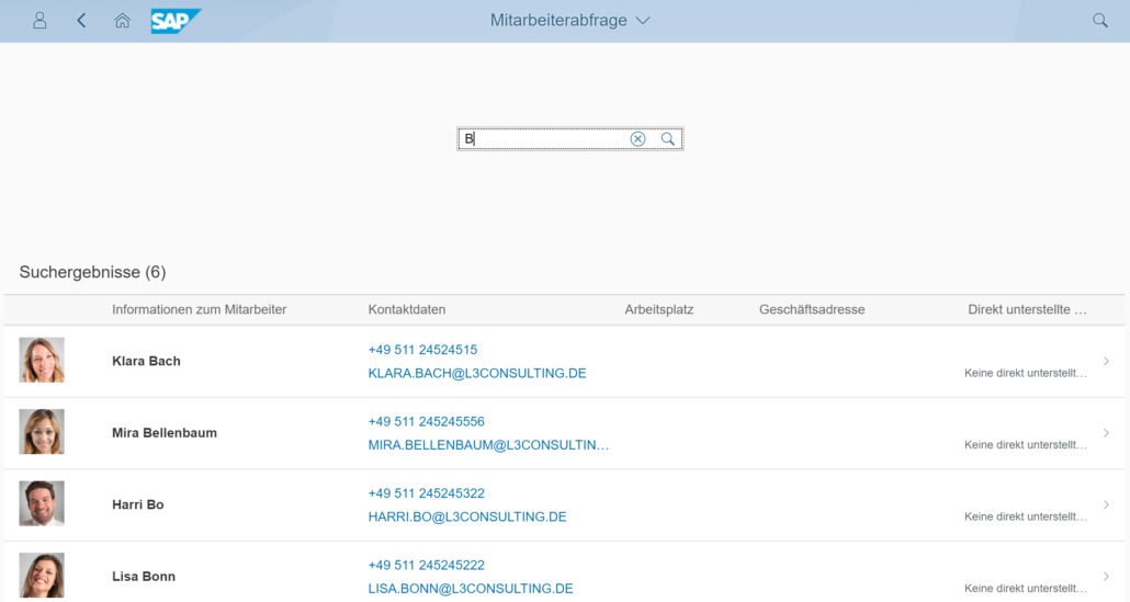 Mitarbeitersuche: Ergebnisliste