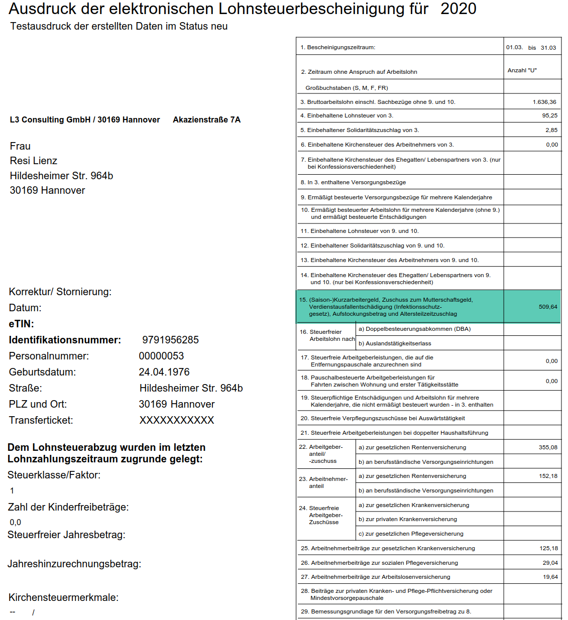 Beispiel-Lohnsteuerbescheinigung mit Kinderbetreuung nach dem IfSG im SAP HCM