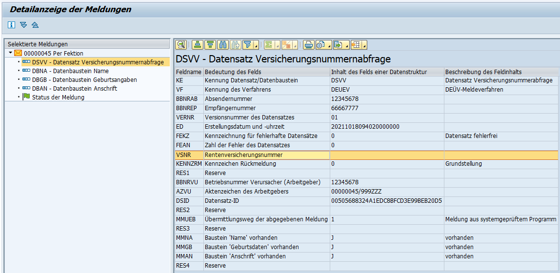   Datenbaustein DSVV in Ausgangsmeldung der Versicherungsnummernabfrage im SAP HCM  (Datensatzversion 01 bis 31.12.2021)
