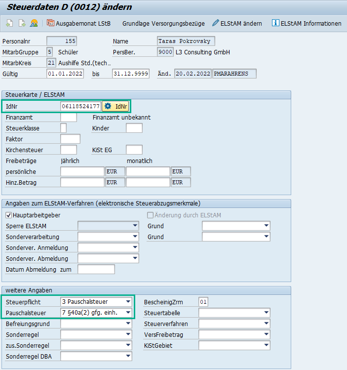 Geringfügige Beschäftigung: Pflege des Infotypen 0012 "Steuer" im SAP HCM