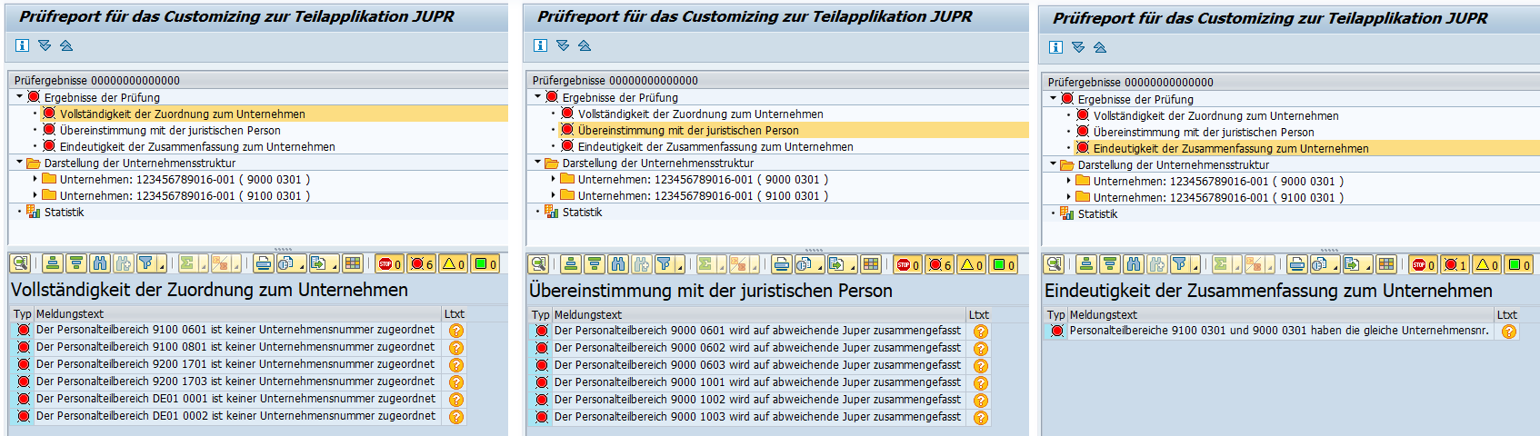 Ausgabe des Customizing-Prüfreports zur UV-Unternehmensnummer bzw. Teilapplikation JUPR