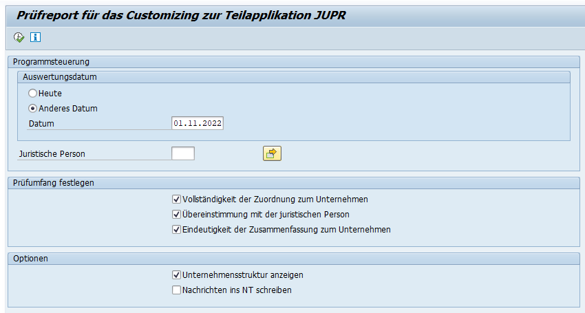 Selektionsbild des Customizing-Prüfreports zur UV-Unternehmensnummer bzw. Teilapplikation JUPR
