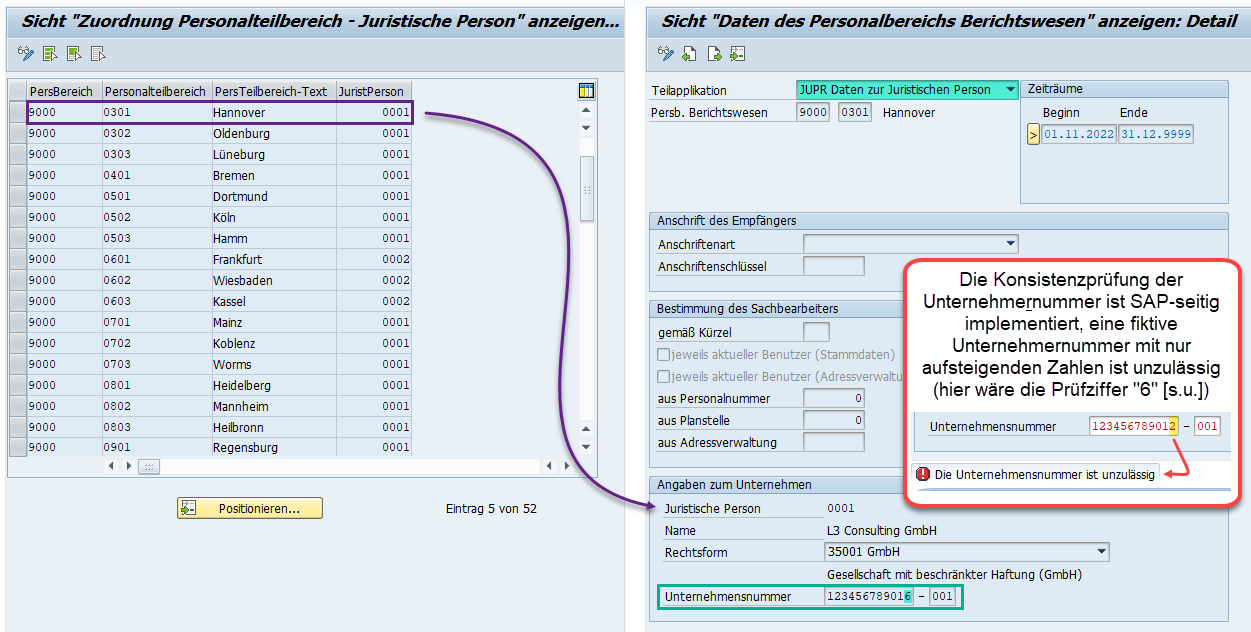 Unternehmensnummer im Customizing: Teilapplikation JUPR im View V_T596M des SAP HCM