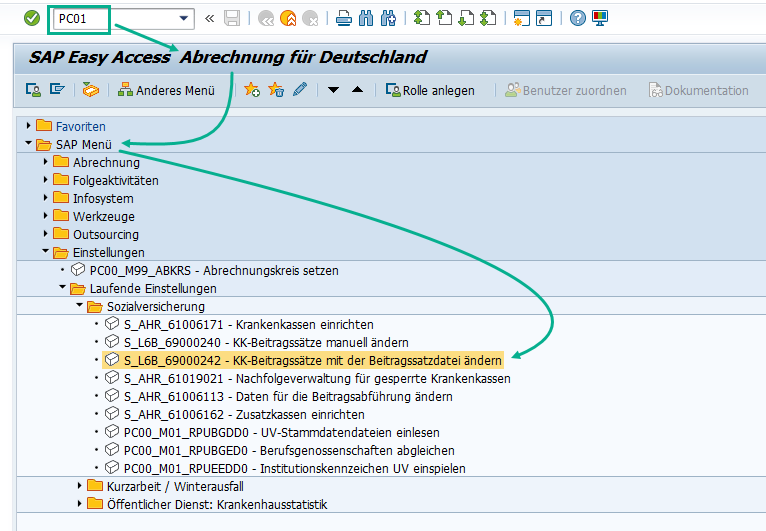 Transaktion zur Einspielung der Beitragssatzdatei im SAP Easy Access Menü der Abrechnung für Deutschland (via Transaktion PC01)