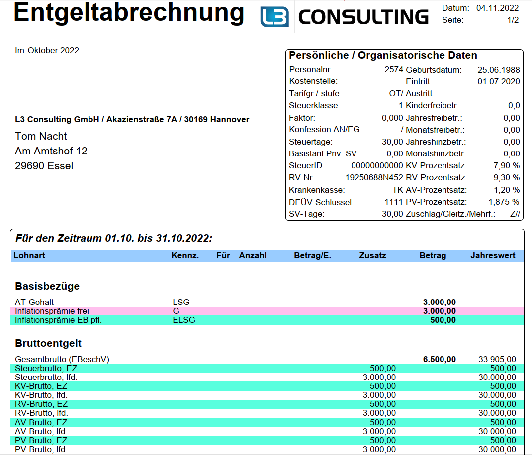 Inflationsausgleichsprämie: Abrechnungsbeispiel kundeneigene Verarbeitung > 3.000 Euro im SAP HCM