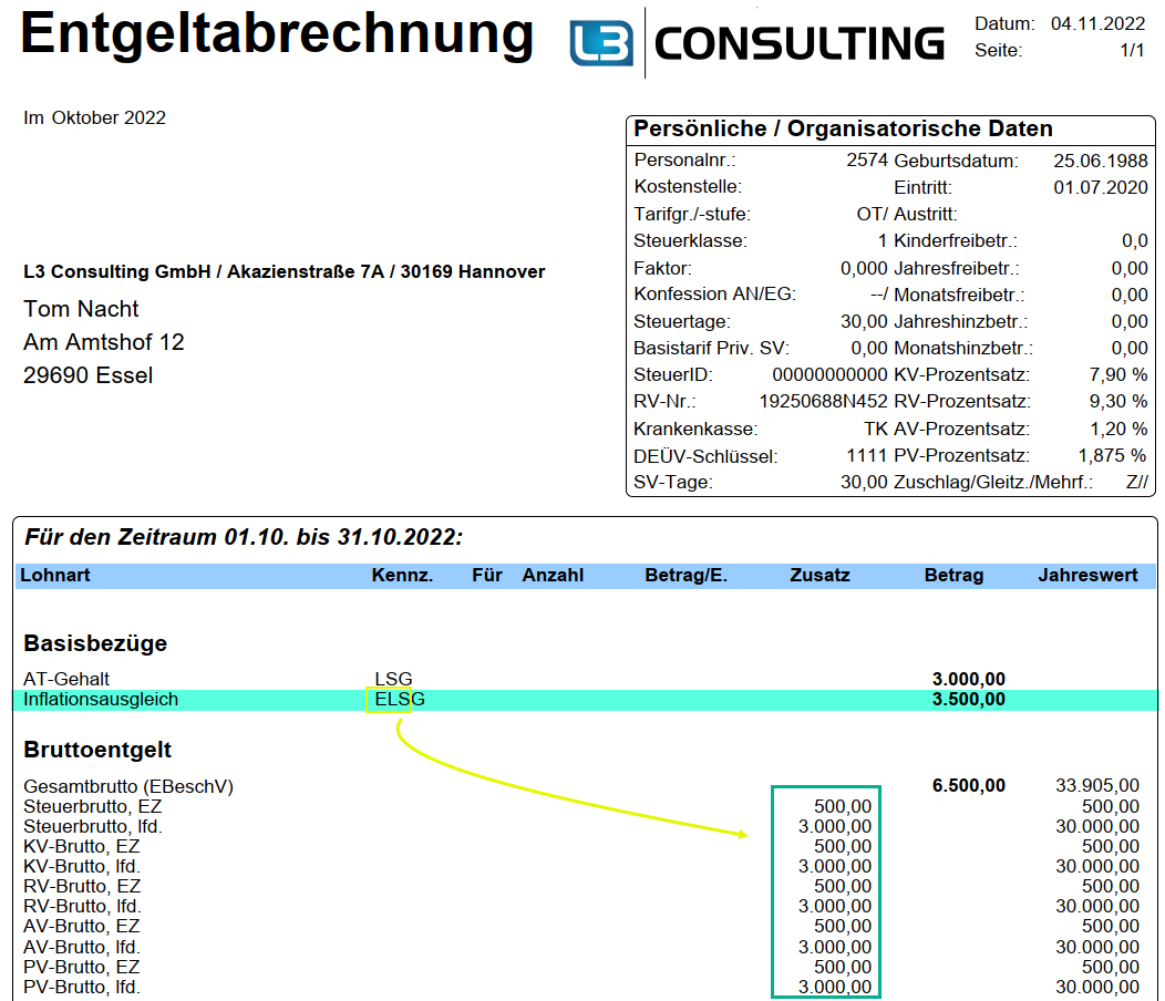 Inflationsausgleichsprämie: Abrechnungsbeispiel "Standard"-Verarbeitung > 3.000 Euro im SAP HCM