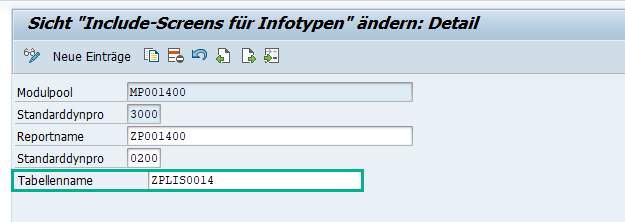 View T582C: Zuordnung der Listbild-Erweiterungsstruktur zum Infotyp 0014-Modulpool und Listbild-Dynpro im SAP HCM