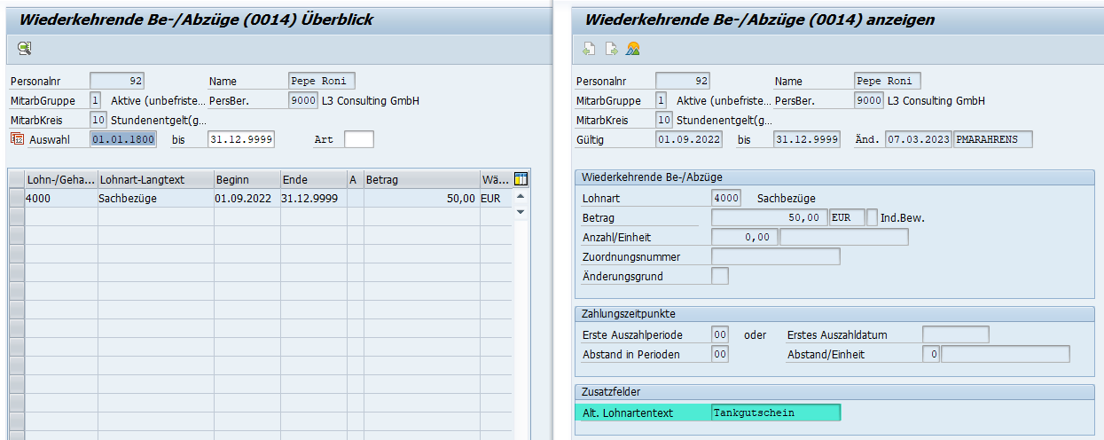 Einzelbild und Listbild des Infotypen 0014 "Wiederkehrende Be-/Abzüge" im SAP HCM