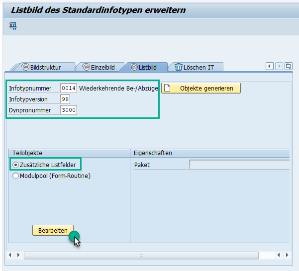 Aufruf Definition zusätzlicher Listbild-Felder für Infotyp 0014 im SAP HCM