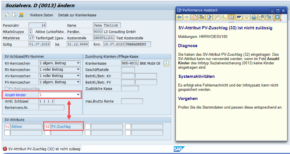 Fehler bei Erfassung "Anzahl Kinder" und Sekundärattribut 32 "PV-Zuschlag" im Infotyp 0013 des SAP HCM