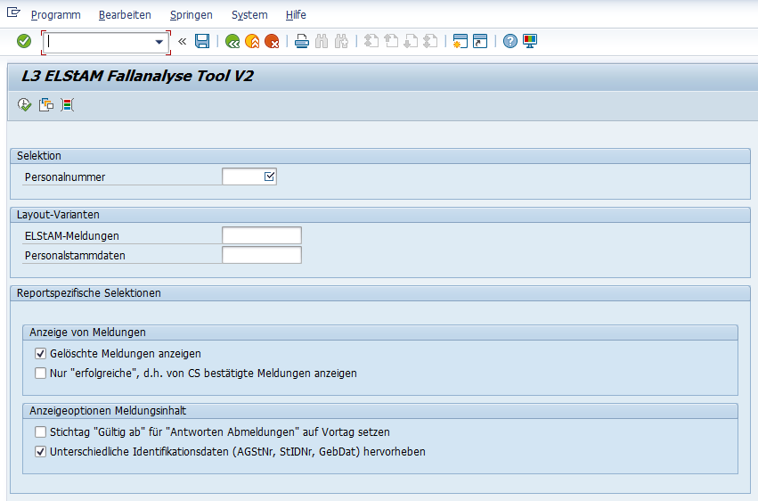 L3 ELStAM Fallanalyse Tool V2 für SAP HCM: Selektionsbild