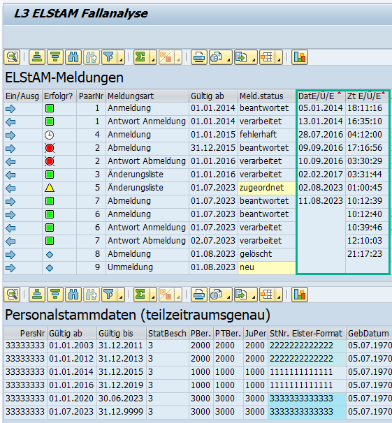 L3 ELStAM Fallanalyse Tool V2 für SAP HCM: Neue Spalten Datum & Uhrzeit "Empfang/Übertragung/Erstellung" einer Meldung