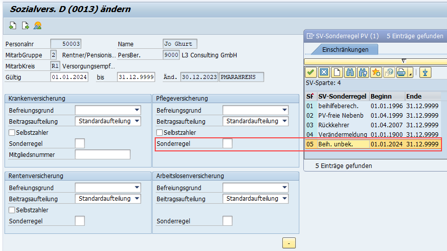 Neue PV-Sonderregel 05 "Beihilfe unbekannt" im zweiten Bild des Infotypen 0013 "Sozialversicherung" im SAP HCM