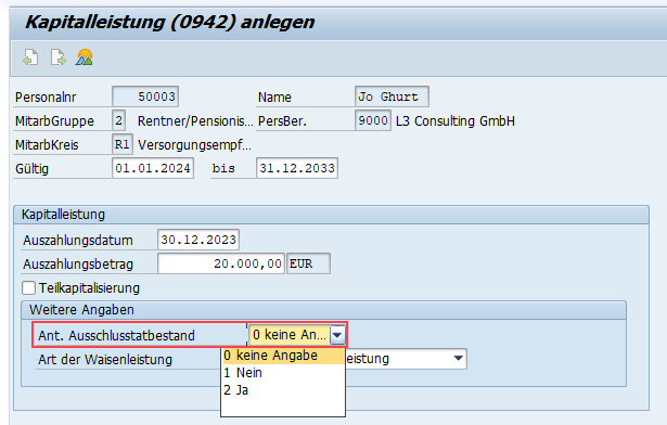Anteiliger Ausschlusstatbestand: Angabe im Infotyp 0942 "Kapitalleistung" im SAP HCM