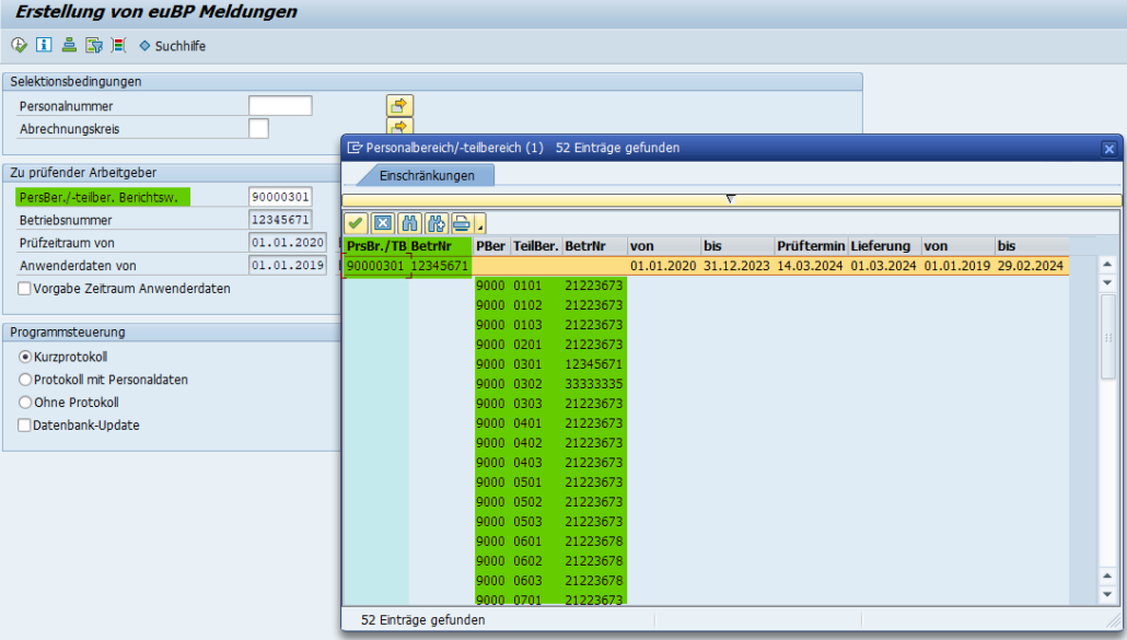 SAP HCM euBP Meldungserstellung - Zuordnung Betriebsnummer