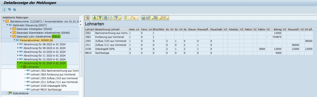 SAP HCM euBP Ausgabe Sachbearbeiterliste Lohnartentabelle im Datensatz DSLA