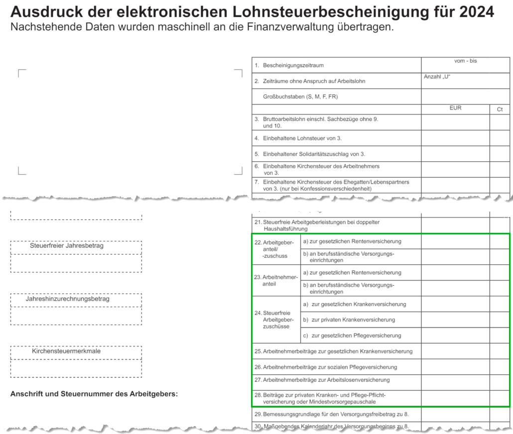 Lohnsteuerbescheinigung: Ausweis der Sozialversicherungsbeiträge in den Zeilen 22 - 28